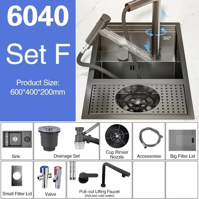 ASRAS Nano black single-bowl kitchen sink set with concealed bar counter cover and lifting faucet
