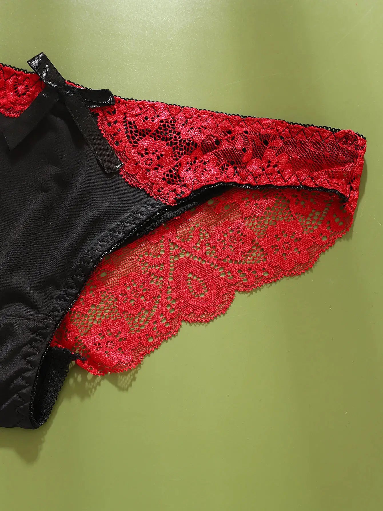 Sexy lace women's underwear with red lace trim and black satin panel, mid-low-rise briefs