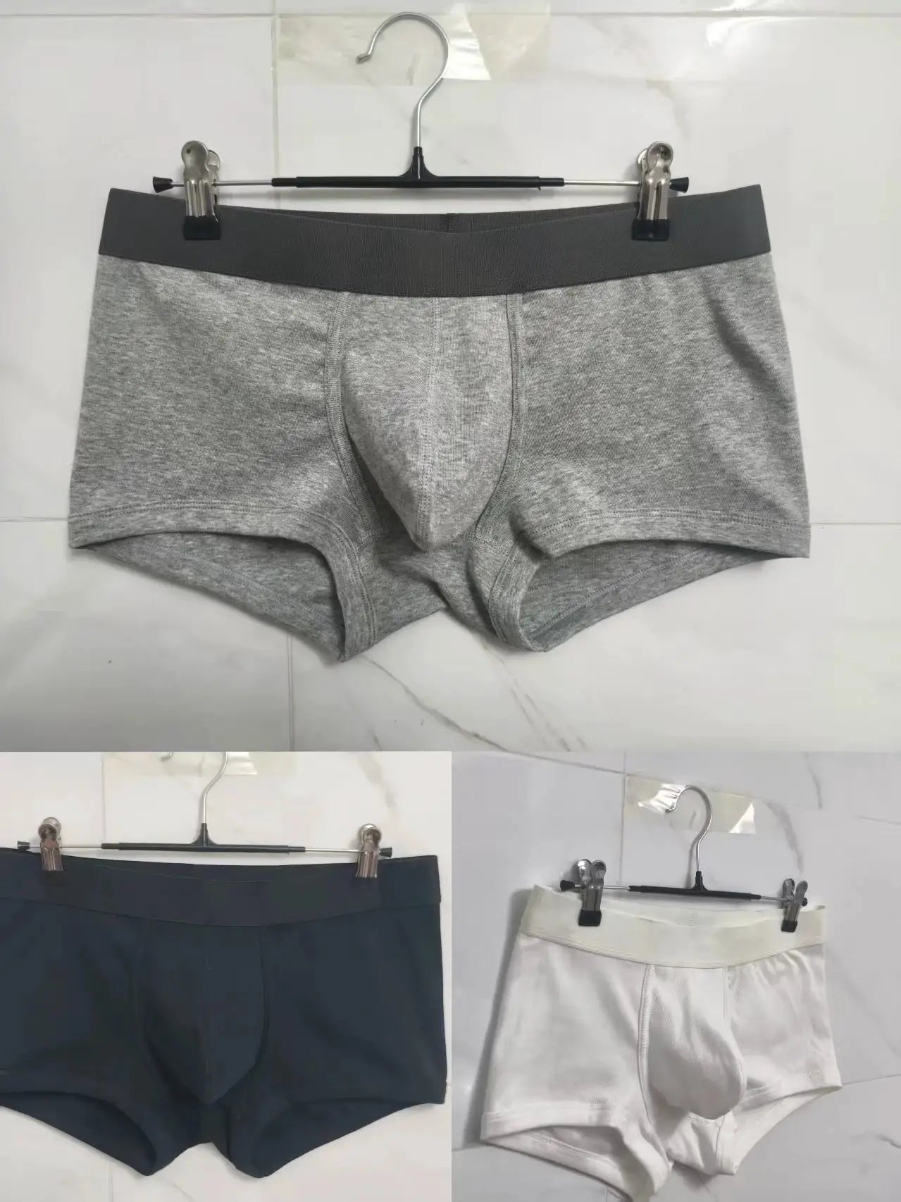 Simples Market cotton men's boxer briefs with large pockets in gray, plus navy and white options