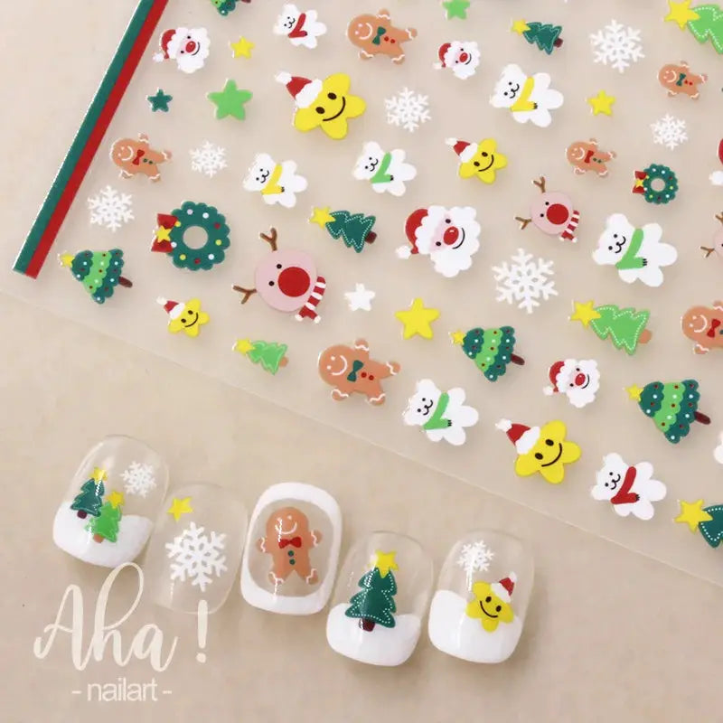 Winter Christmas nail sticker set featuring snowmen, trees, snowflakes and stars; self-adhesive and colorful.