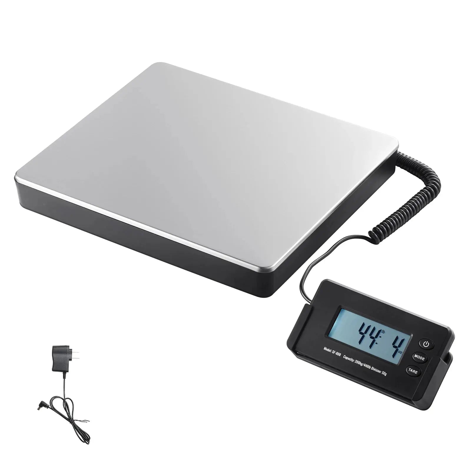 Digital shipping scale by Simples Market, 440lb capacity with timer tare; silver platform, black base, HD LCD.
