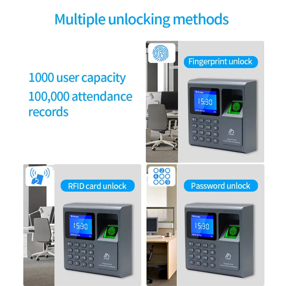 Biometric fingerprint and RFID access control system with USB time recorder for attendance, grey device, 1000-user capacity