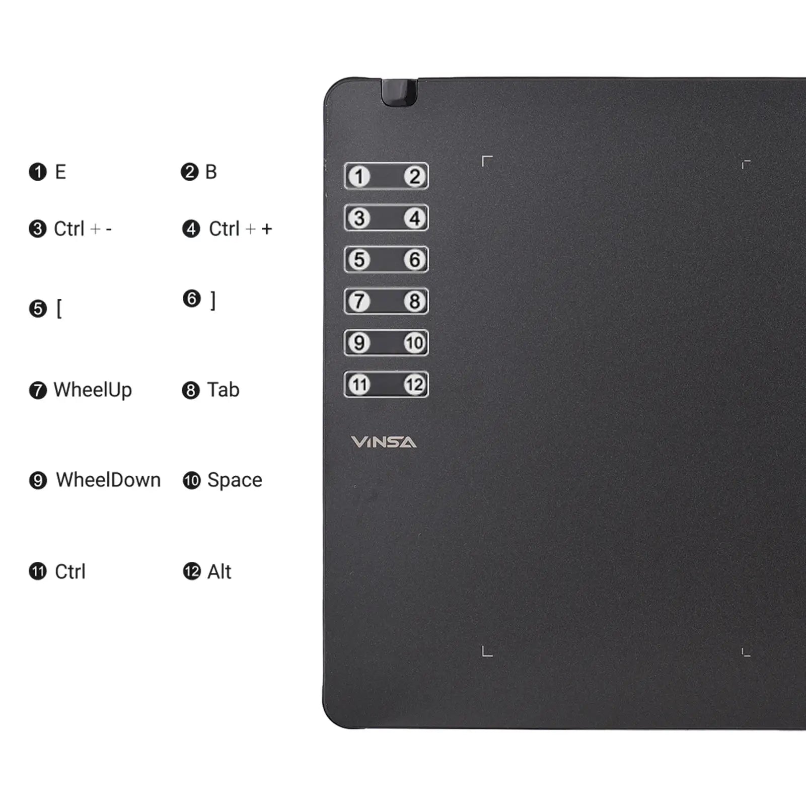 VINSA T1161 graphics drawing tablet; dark gray ultra-thin tablet with 12 shortcut keys and VINSA logo