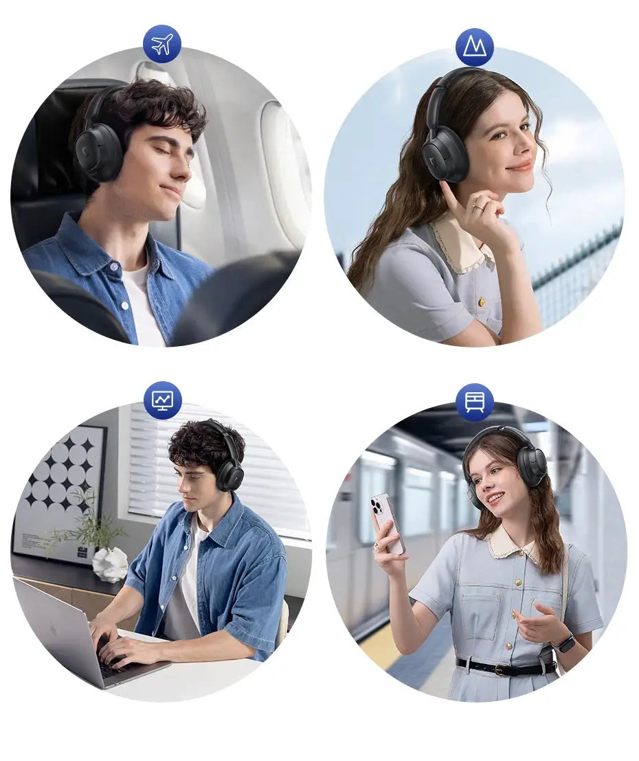 Baseus EH10 NC ANC wireless headphones; four people wear black over-ear headsets in travel and work settings.
