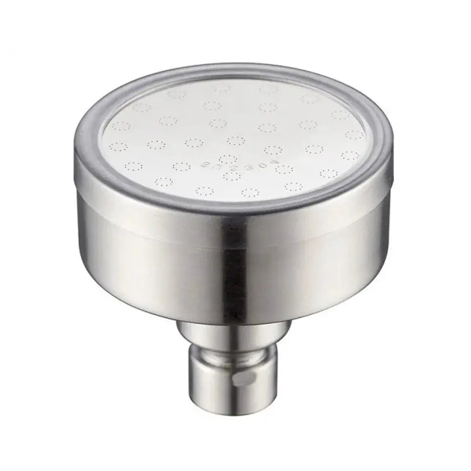 Brushed stainless steel shower head with round face.