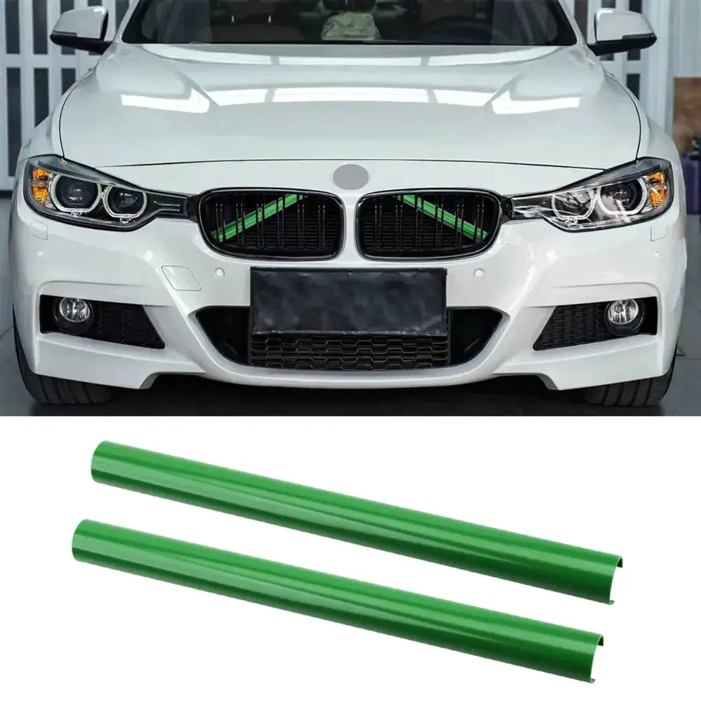 2pcs green front grille trim strips for BMW kidney grilles, V‑brace M Sport style (F20–F46)