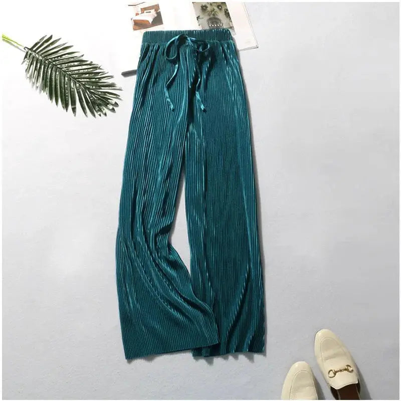 NovaModa Ice Silk Pleated Wide Leg Pants For Women Breathable Summer Comfort Elastic Waist
