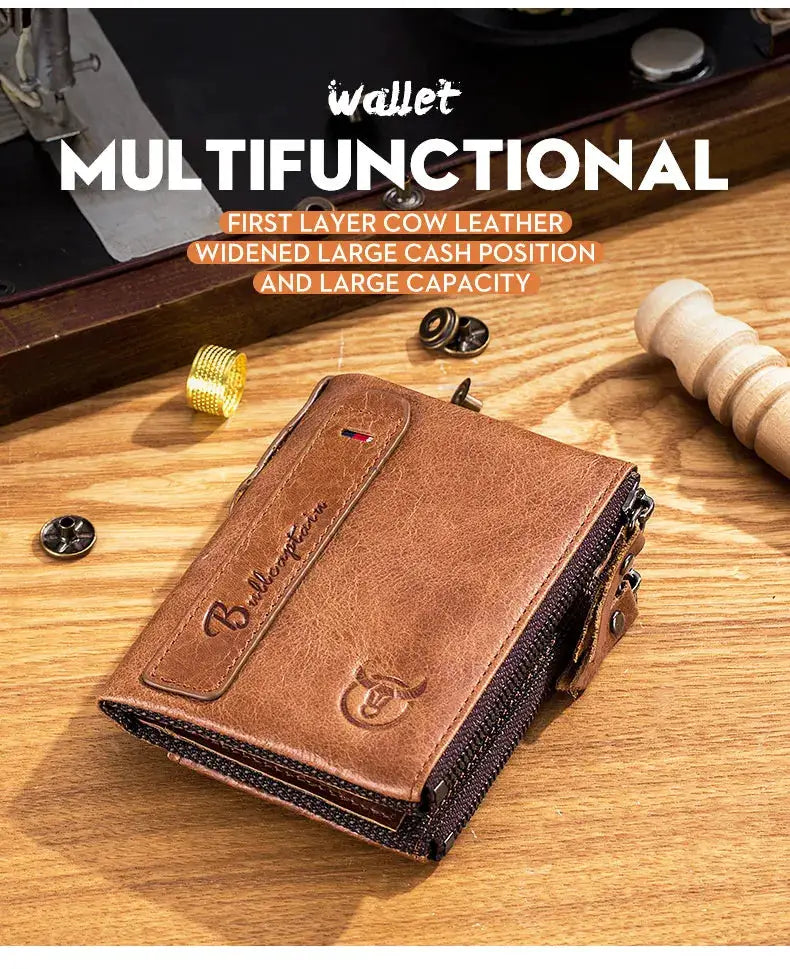 BullCaptain retro leather men's wallet with zipper, RFID card holder