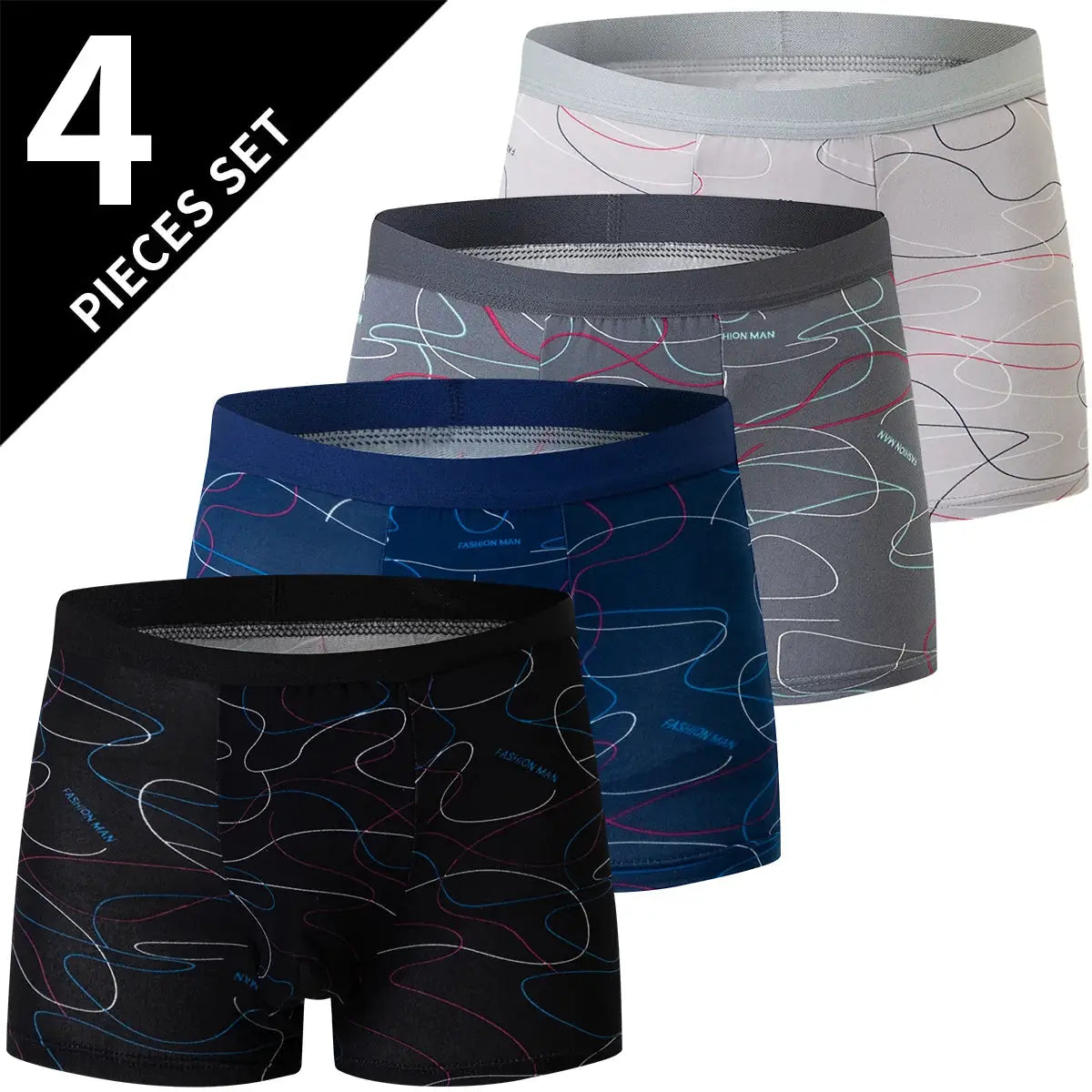 4-pack men's boxer briefs with abstract line print in assorted colors; breathable antibacterial fabric, plus size