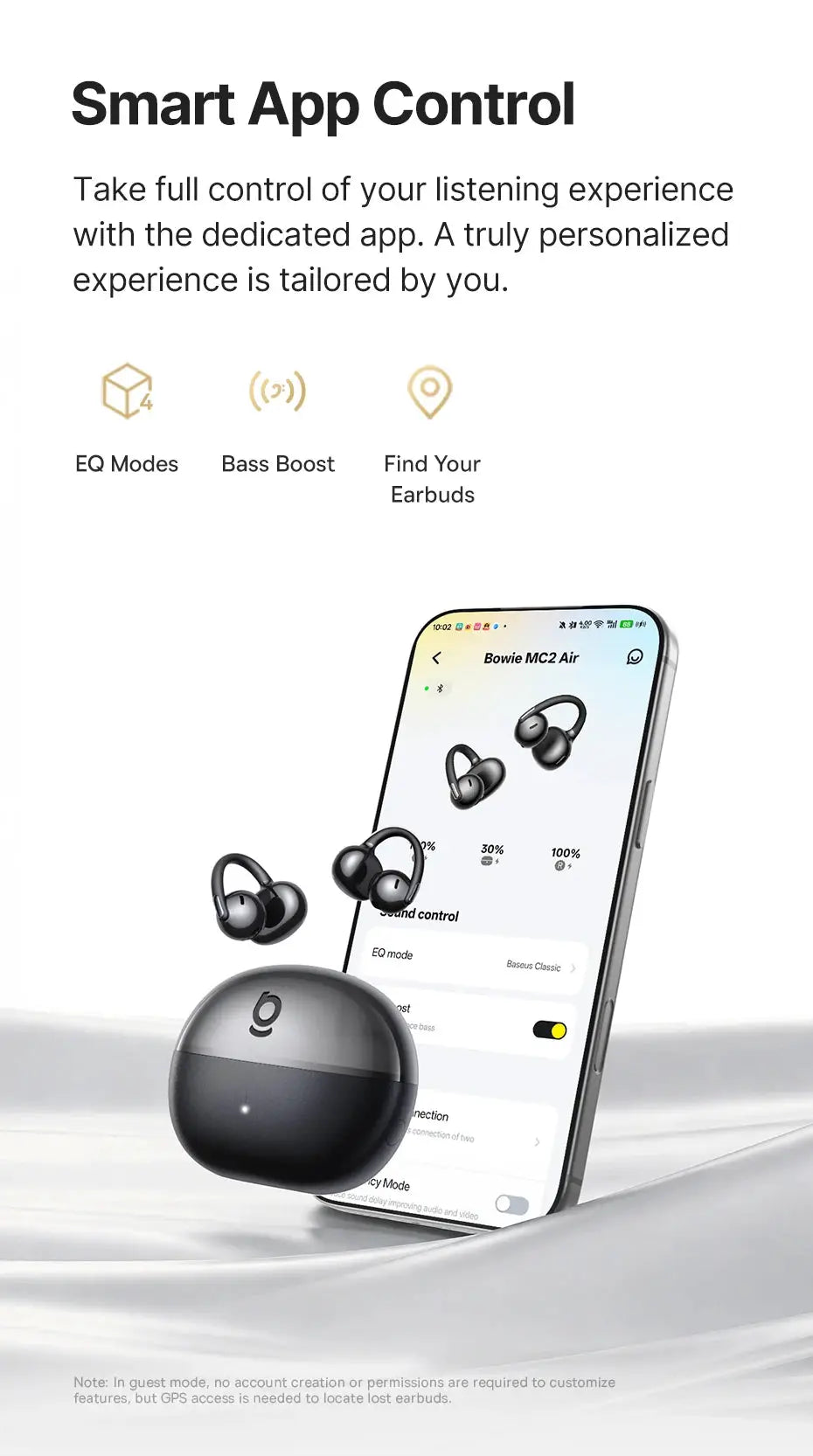 Baseus Bowie MC2 Air clip-on TWS wireless earbuds with Bluetooth 6.0 and black charging case