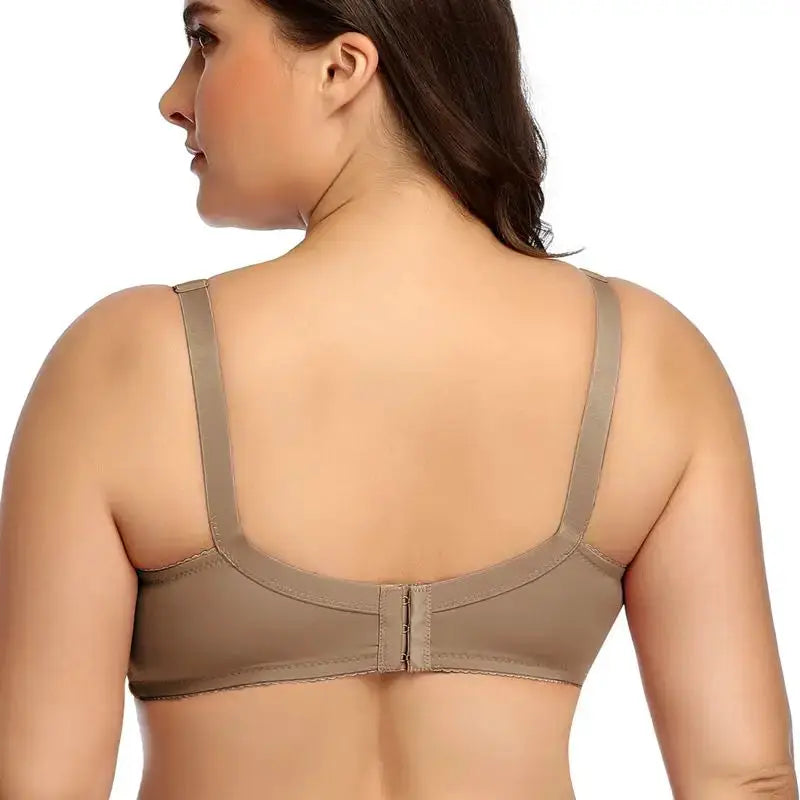 Beauwear underwire plus-size bra back view in nude; full-coverage minimizer
