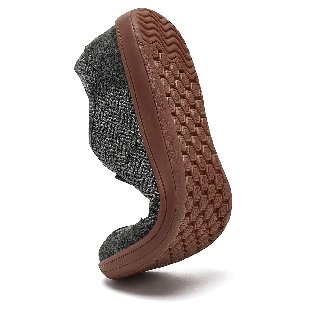 HOBIBEAR barefoot shoes, unisex grey knit upper with brown sole; minimalist zero-drop footwear