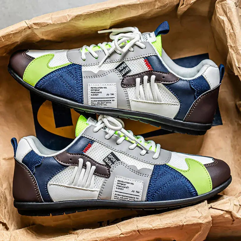Men's casual outdoor sneakers by Simples Market in gray, blue, and neon lime colorway (2 sneakers)