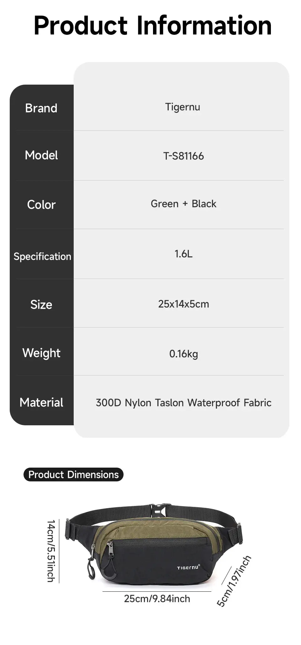Tigernu crossbody bag, green and black, 1.6L, 25x14x5cm, 0.16kg, 300D Nylon Taslon waterproof fabric