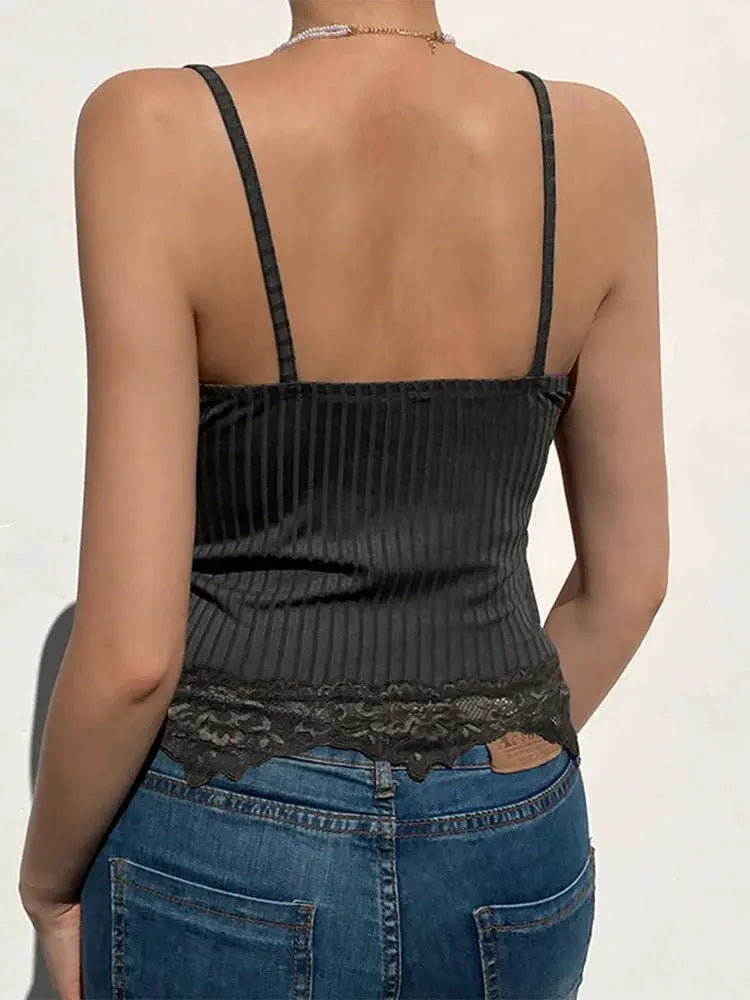 NoirPulse Gothic Bodycon Cami Top For Women Ribbed Backless Lace Trim Grunge Summer
