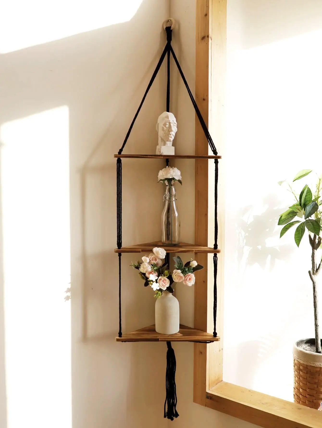 3-tier wooden triangle corner hanging wall shelf with black rope by Simples Market