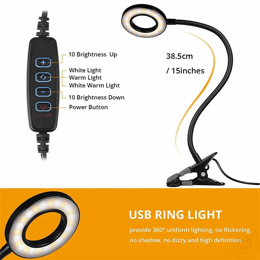 Simples Market 48-LED USB black ring light desk lamp with clip, flexible gooseneck, 3-level brightness