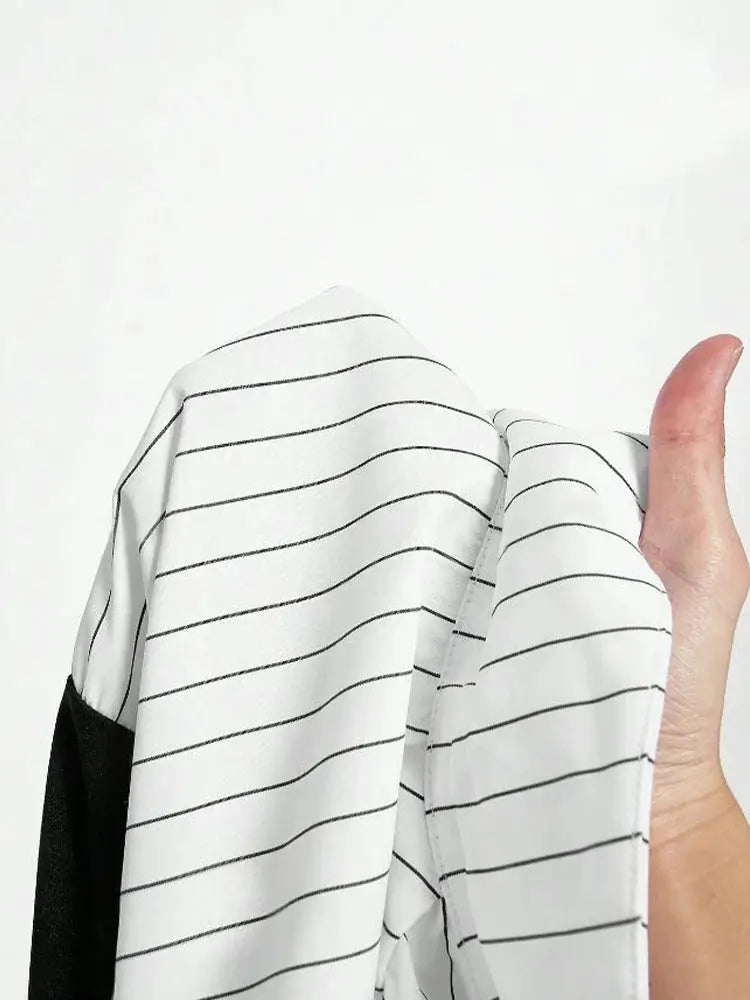 Women's striped lapel shirt by Simples Market, white with thin black stripes, business casual