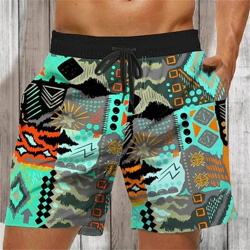 Men's multicolor 3D graffiti print beach shorts with black drawstring waist