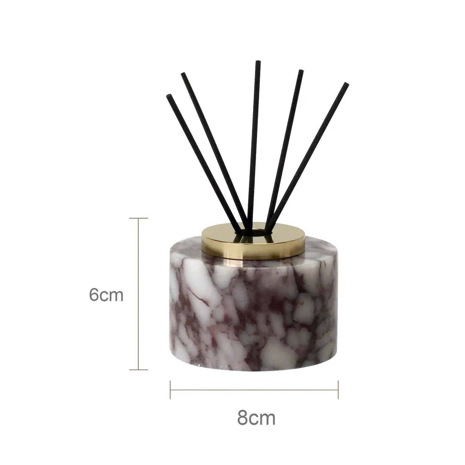 Calacatta Viola marble reed diffuser with gold cap and black reeds, violet veining