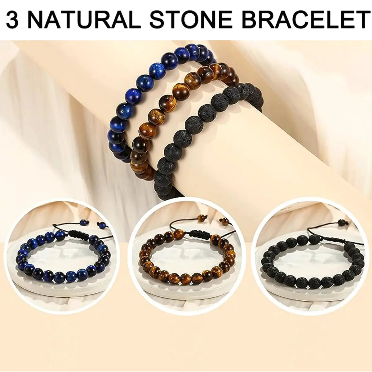 Three Style 8mm Natural Tiger Eye and Lava Rock Handmade Bracelets for Men Gift Set