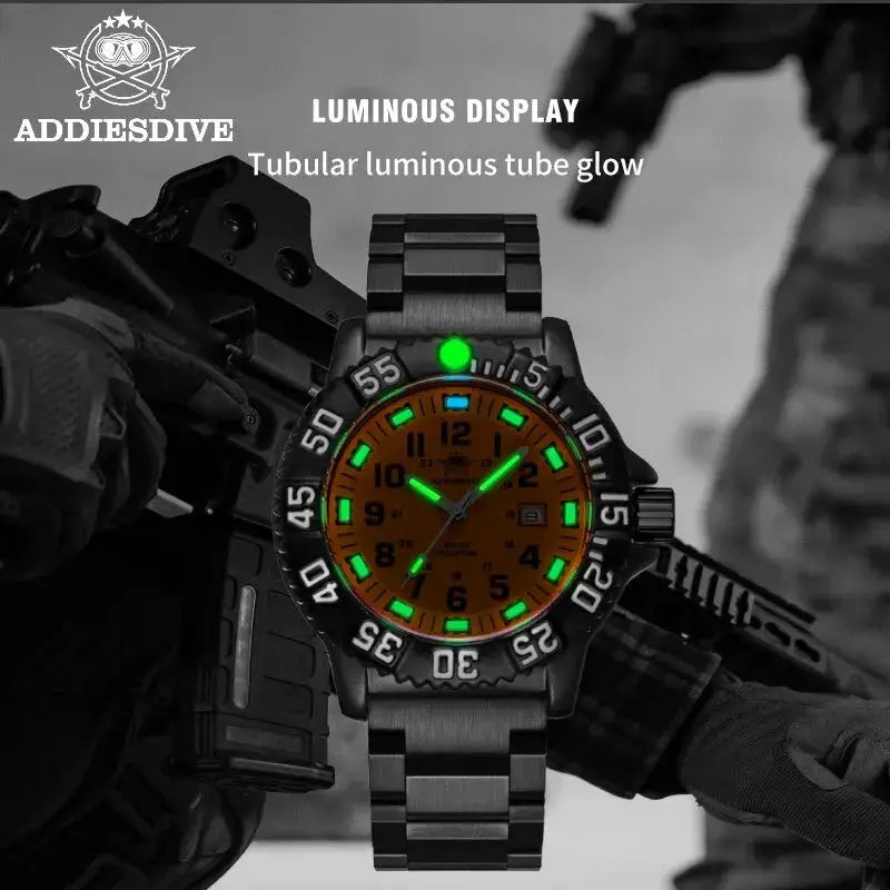 Addiesdive military men's watch with orange dial, green luminous markers, steel bracelet