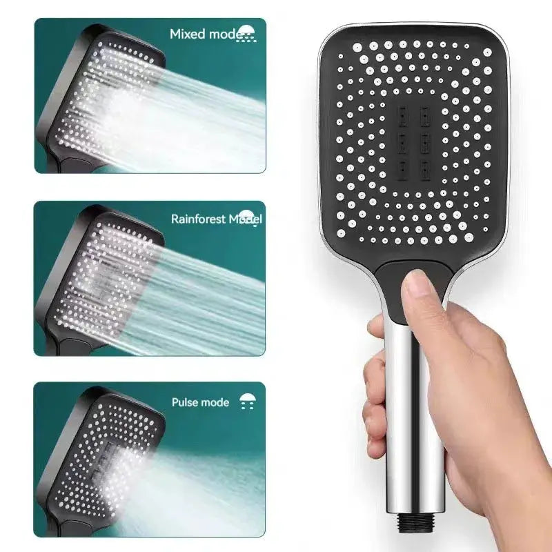 Shower hose with handheld square head, stainless steel, black and silver finish, lengths 1.5/2/3 m