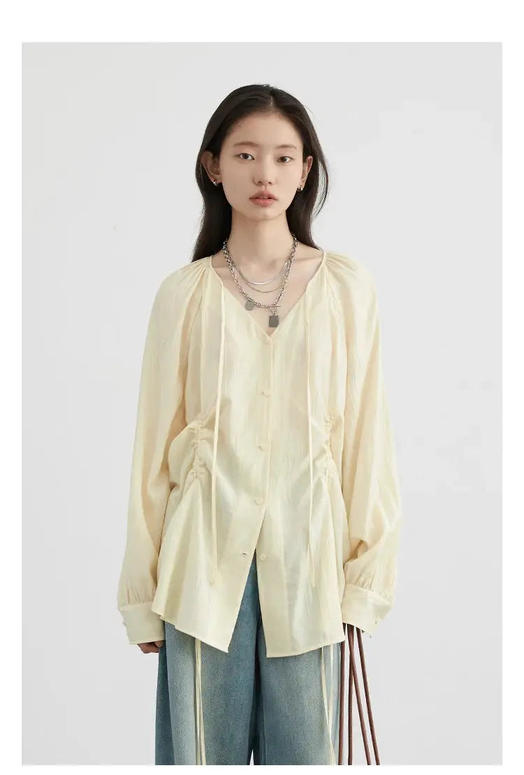 CHIC VEN cream loose lace-up women's shirt with V-neck, raglan long sleeves and front buttons