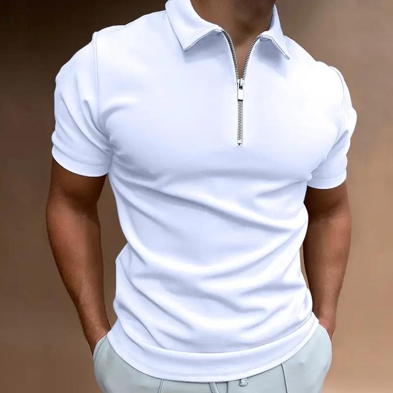 Simples Market white men's polo shirt with short sleeves and zipper collar, casual streetwear.