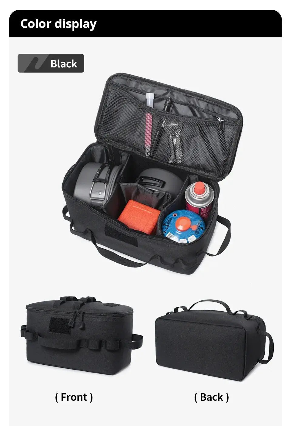 Large black outdoor camping storage bag with multiple internal pockets and carry handles