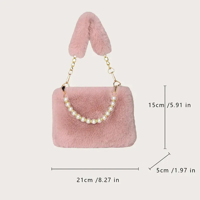 Simples Market pink rabbit fur handbag with pearl-embellished chain strap; small crossbody bag 21x15x5 cm
