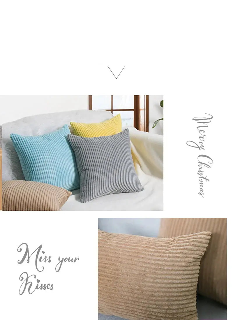 Corduroy striped cushion covers; set of 4 cushions in blue, gray, yellow and beige for living room decor (30x50–60 cm)