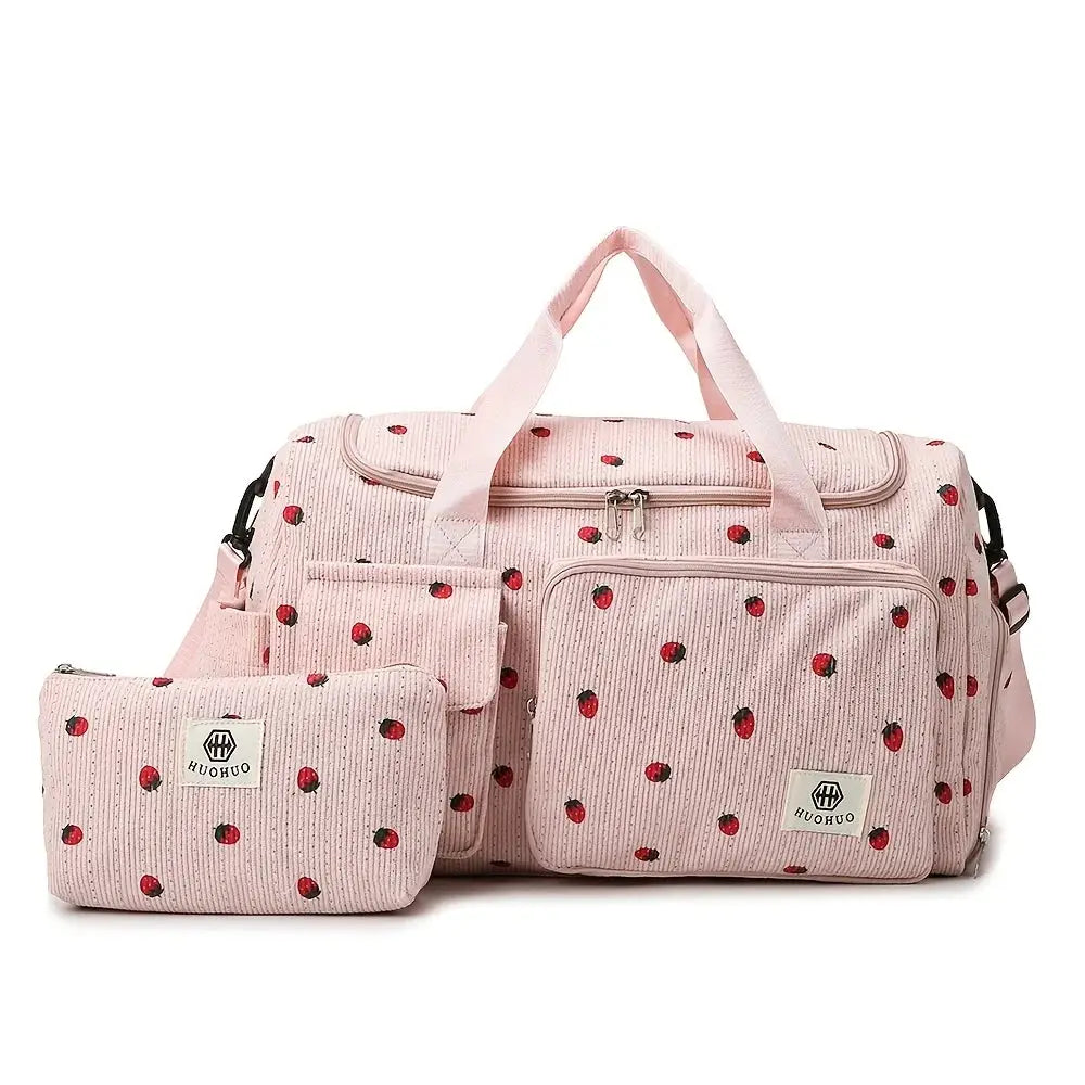 Pink strawberry corduroy 2-piece travel bag set with large duffel and matching pouch, HUOHUO brand.