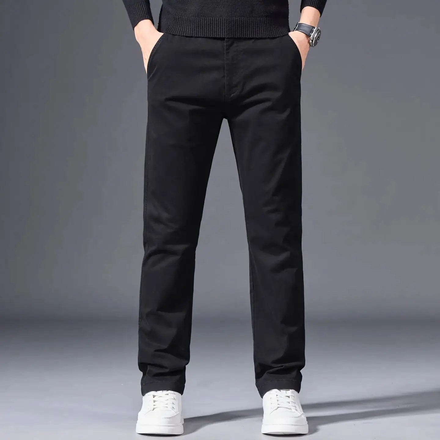Men's cotton pants, black, classic straight-leg with elastic waist for casual/business wear.