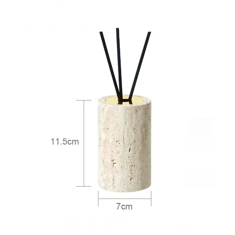 Beige travertine bathroom accessories set by Simples Market with reed diffuser