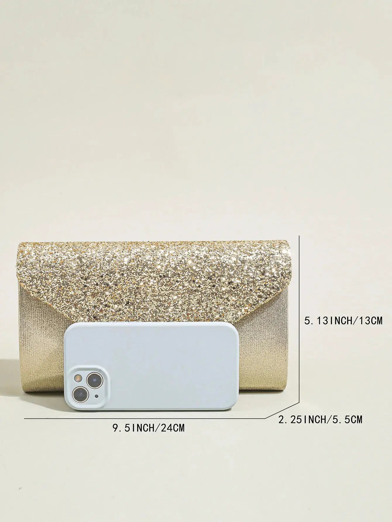 Women’s evening sequin envelope clutch purse with gold glitter finish and chain strap
