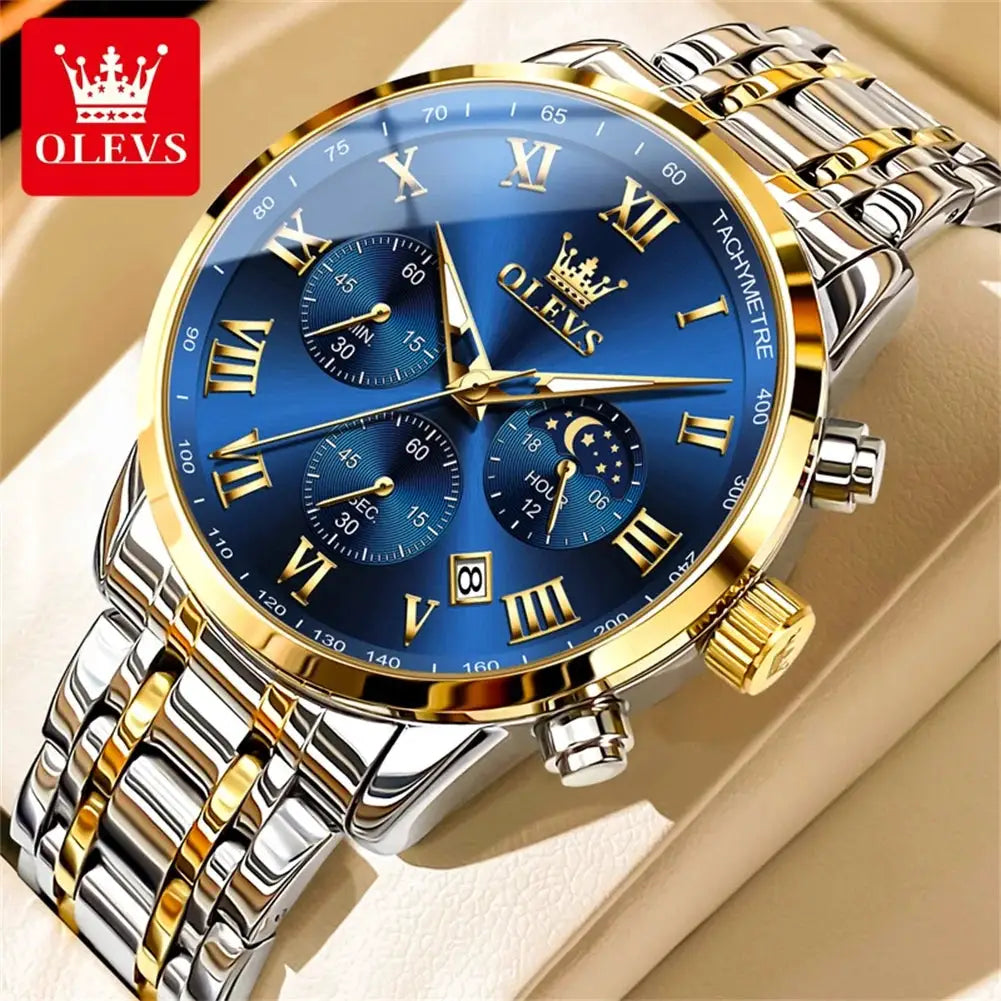 OLEVS 5529 men's luxury watch with blue dial, lunar phase, and two-tone stainless steel bracelet.