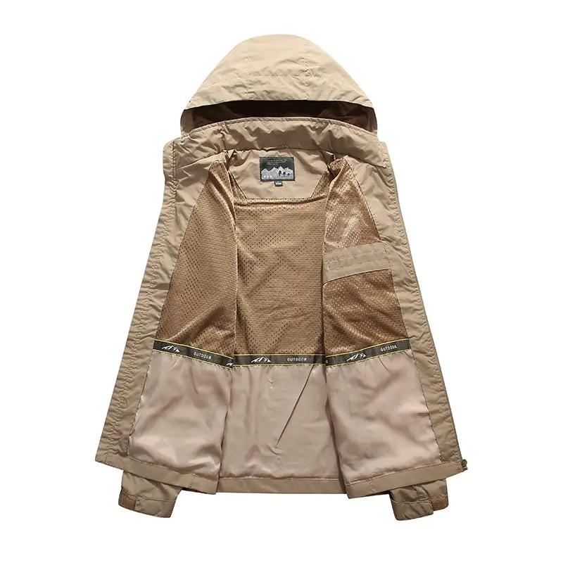 Men's spring outdoor waterproof jacket, beige hooded windbreaker with breathable mesh lining from Simples Market