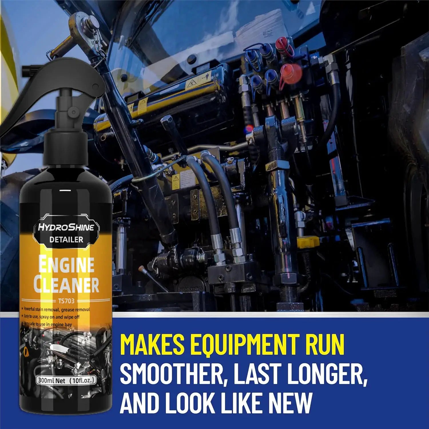HydroShine Engine Cleaner spray bottle by Simples Market, black bottle with yellow label beside engine bay