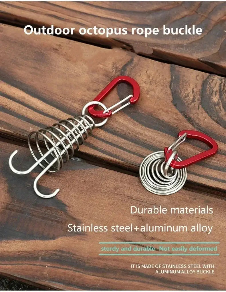Outdoor octopus rope buckle set with stainless steel hooks and red aluminum alloy carabiners