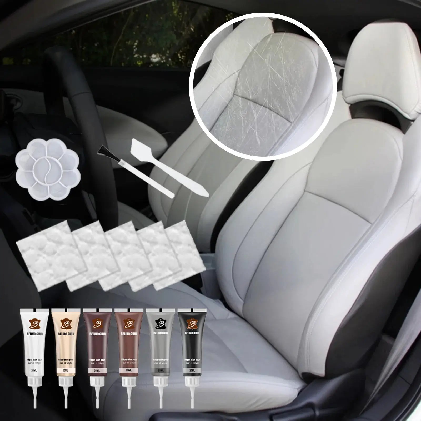 Belino Cuir 20ml car leather repair paste kit with multiple tubes and applicators for white leather car seats.