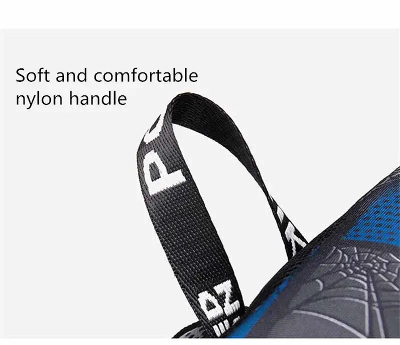 Backpack by Simples Market with blue body and shark-print design plus soft nylon handle.