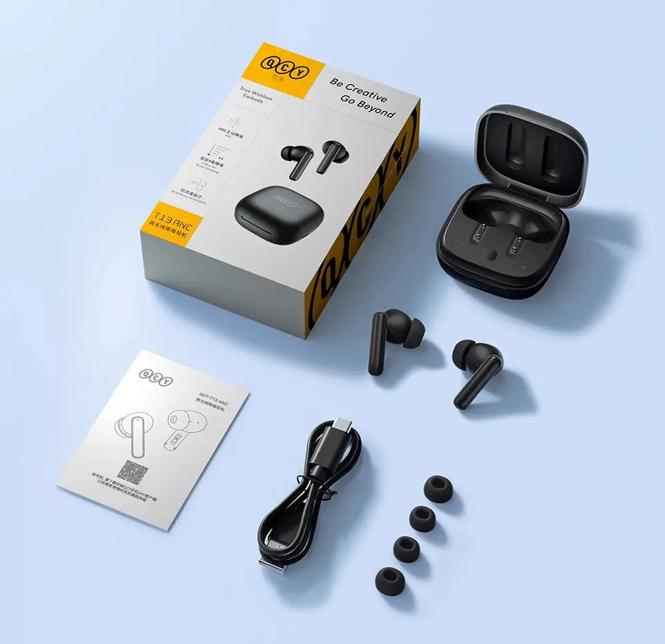 QCY T13 ANC wireless earbuds with charging case, black, by Simples Market; includes USB cable and 4 ear tip sizes