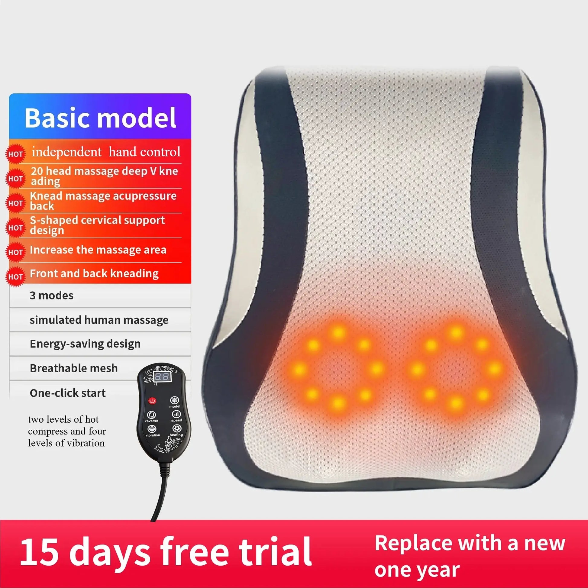Electric cervical neck massager pillow with heating and vibrating shiatsu; beige mesh cover with navy trim and remote