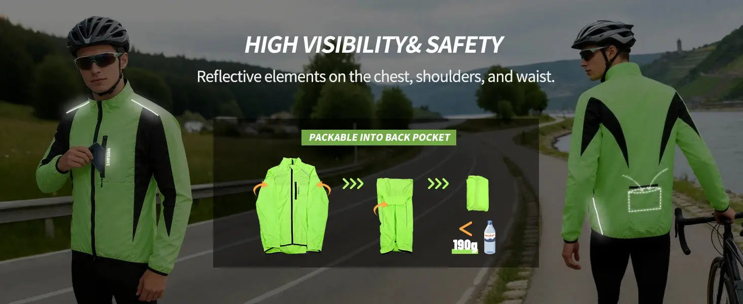 WOSAWE Men windproof cycling jacket; neon green with black panels and reflective trim; two jackets shown.