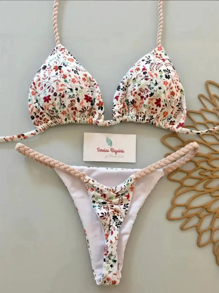 Simples Market floral micro bikini set with halter triangle top and braided-strap thong bottom