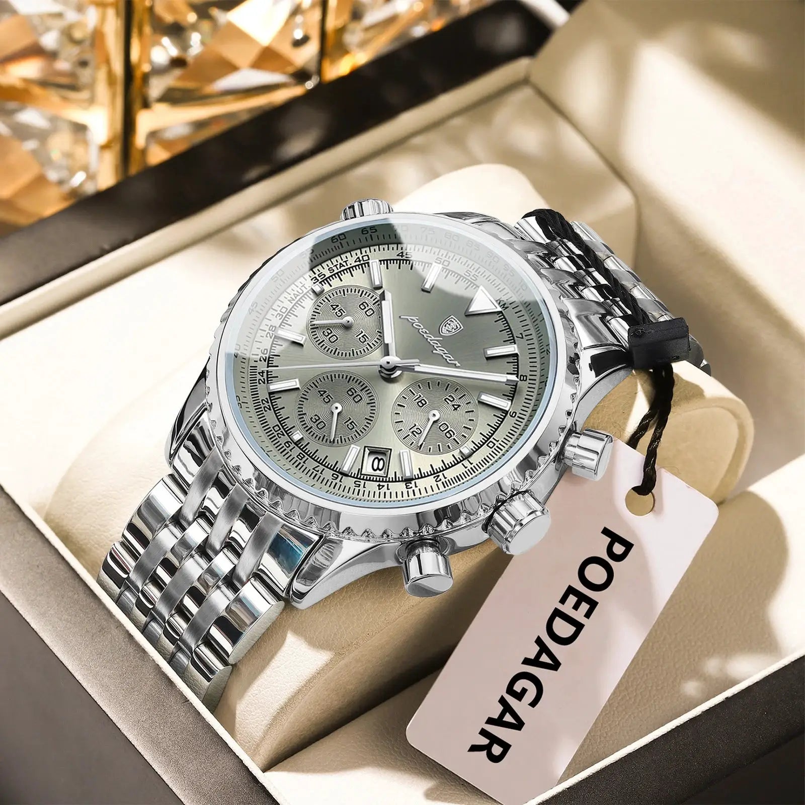 POEDAGAR men's stainless steel chronograph wristwatch with date, silver dial, three subdials, luminous hands