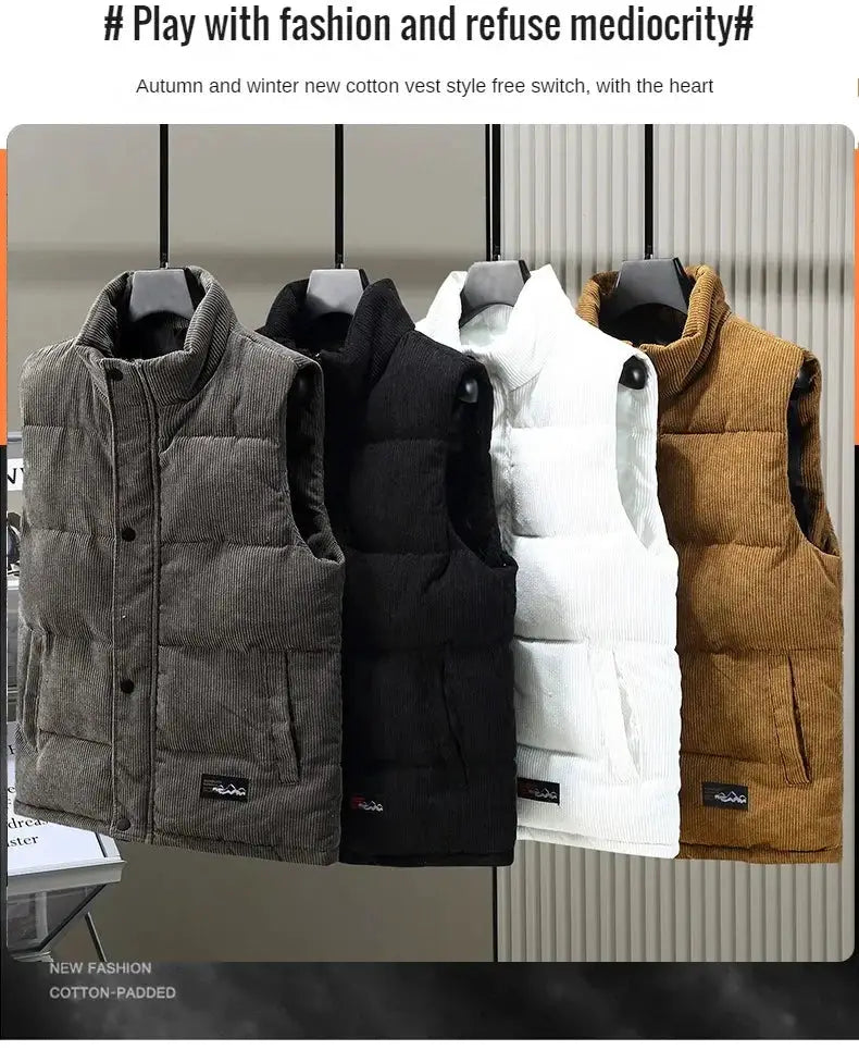 Padded corduroy vest for men by Simples Market in gray, black, white and brown with zippers