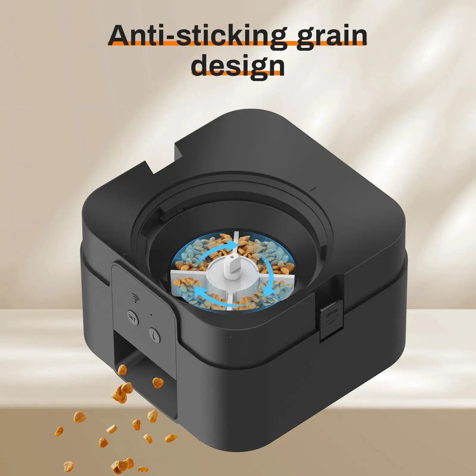 Automatic pet feeder for cats and dogs; black plastic with blue inner bowl, featuring timed dispensing.
