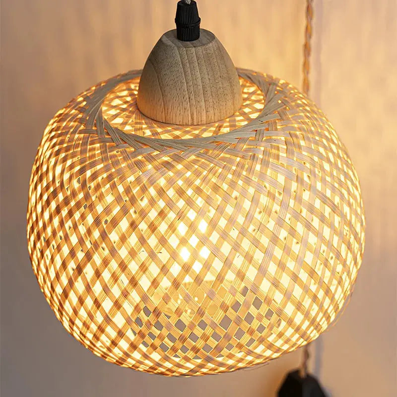 Bamboo lantern wall lamp, hand-woven natural rattan wicker with wooden top
